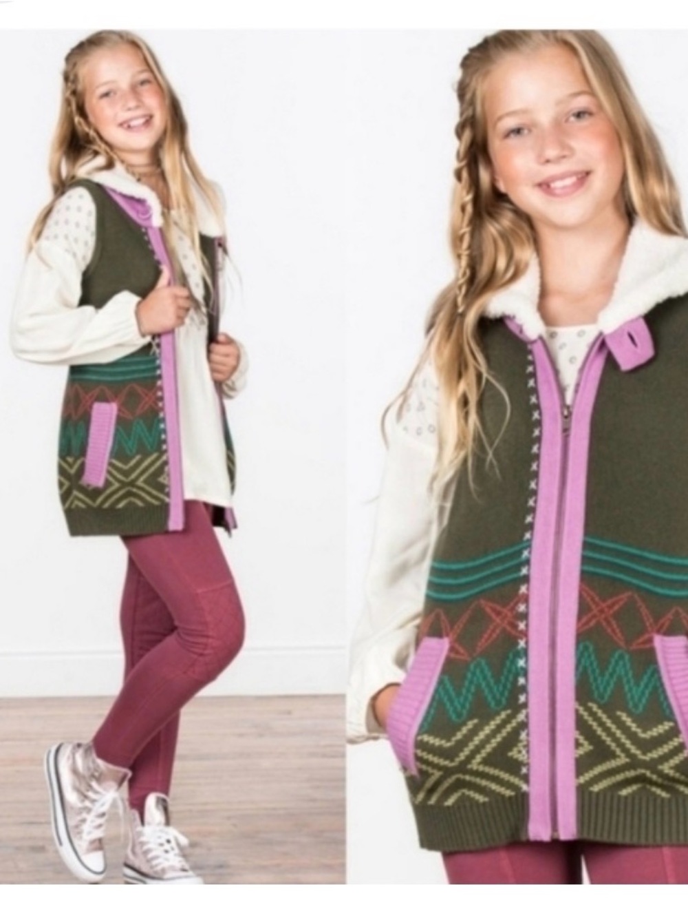 Matilda Jane Big Idea Sweater Vest Girls 435 Tween Olive Sherpa Zip Hood